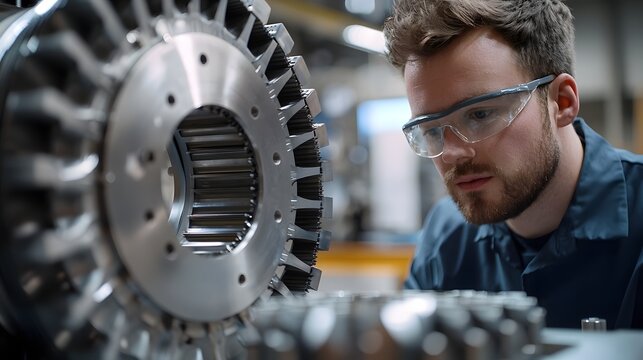 Portrait of an aerospace engineer or technician closely examining and testing the inner workings of turbine components in an industrial laboratory environment