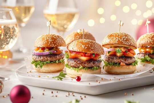 Platter of mini burger sliders on a wooden board with melted cheese, fresh lettuce, cherry tomatoes, sesame seed buns, and side condiments, fries in the background in a bright appetizing setting