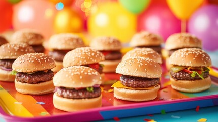 Platter of mini burger sliders on a wooden board with melted cheese, fresh lettuce, cherry tomatoes, sesame seed buns, and side condiments, fries in the background in a bright appetizing setting