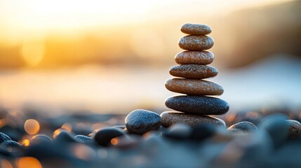 Obraz premium Stacked stones at sunset beach.