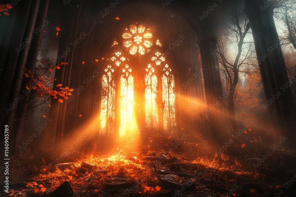 Poster a gothic depiction of a shattered cathedral window with light streaming through, symbolizing impactf