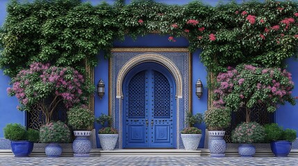 Blue Doorway Entrance Decorated With Lush Greenery And Planters