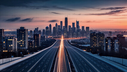 金融街の夕日と静かな道路が作り出すモダンで美しい都市景観.生成AI