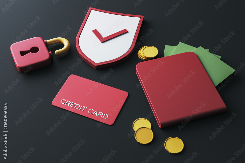 Poster secure payment concept with shield, lock, credit card, and coins on dark background. 3d rendering