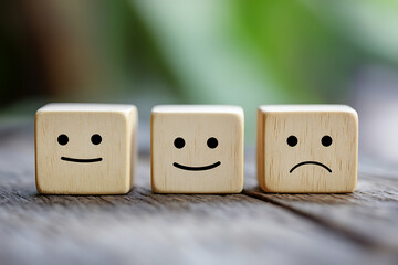 Wooden blocks with emotion faces: Happy, neutral, sad on weathered wood, blurred green background.