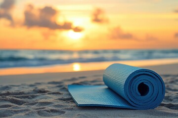 Sunset casts warm hues over serene beach, showcasing rolled yoga