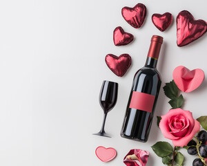 Red Wine, Roses, and Heart-Shaped Sweets on Minimal Background &ndash; Romantic Valentine's Day Flat Lay