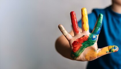 Colorful Handprint: A child's hand, painted with vibrant hues of red, yellow, green, and blue,...