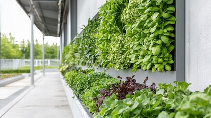 Garden greenery walls showcase sustainable design. Vertical garden with fresh green herbs on a modern wall.
