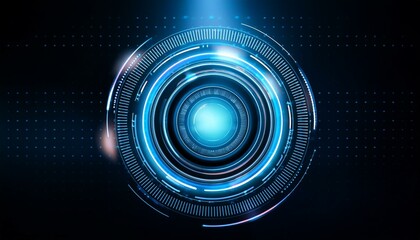 Digital Lens: An abstract representation of a digital lens, glowing with blue light and surrounded by concentric rings, set against a dark, futuristic background. It symbolizes innovation, technology.
