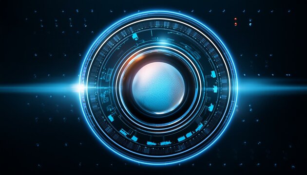 Futuristic Interface: A captivating abstract background featuring a glowing blue circle with futuristic elements, set against a dark, starry backdrop. Perfect for technology, innovation.
