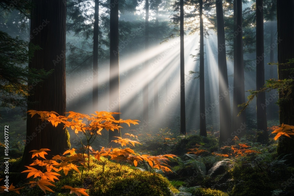 Poster A magical forest where light rays create the illusion of a hidden doorway among the trees