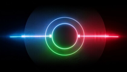 Obraz premium Neon Circle Abstract: RGB vibrant neon lights form a captivating abstract circle design, perfect for futuristic, technology, and music-related projects. The image is sleek and modern.