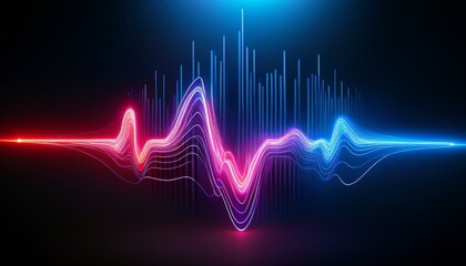Neon Soundwave: Abstract vibrant red and blue neon soundwave visualization on dark background.  Perfect for music, technology, or energy concepts. 