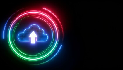 Neon Cloud Upload:  A vibrant, futuristic abstract image of a cloud with an upload arrow, enveloped in glowing neon circles, symbolizing the power of technology and digital connectivity.  
