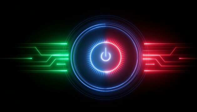 Neon Power Button: Futuristic energy concept. Abstract glowing power button with vibrant neon green and red circuit lines, symbolizing technology, innovation, and power.