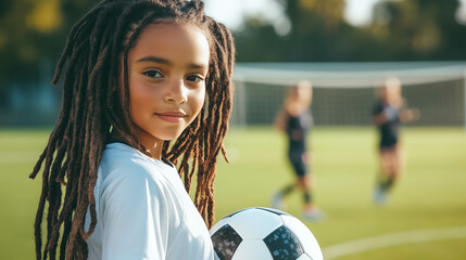 Naklejka premium young black girl plays soccer professionally, standing confidently on a soccer field in her team uniform, holding a soccer ball under one arm, her expression full of determination and pride.