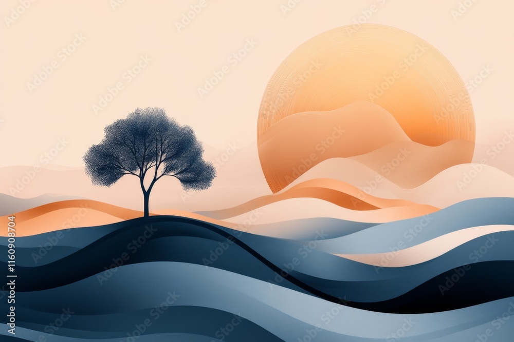 Poster a minimalist illustration of a single tree on a hill under a glowing sun, with clean lines and soft 