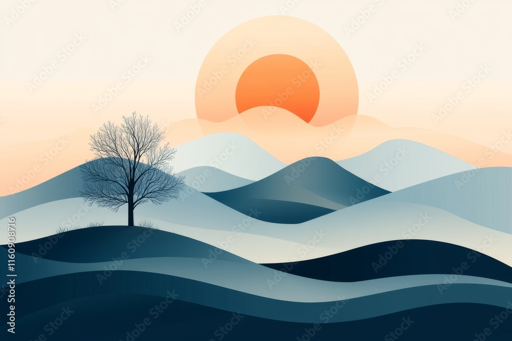 Poster a minimalist illustration of a single tree on a hill under a glowing sun, with clean lines and soft 