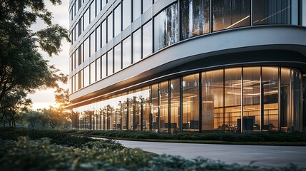 Fototapeta premium Contemporary Office Building Design with Glass Windows and Curved Exterior
