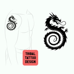 Black silhouette of a Chinese dragon on a white background. Dragon with ornament. Logo, tattoo. Vector