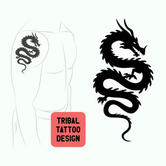 Black silhouette of a Chinese dragon on a white background. Dragon with ornament. Logo, tattoo. Vector