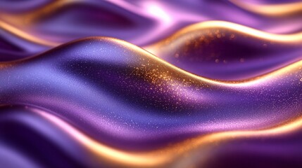 A 3D background showcasing undulating waves in shimmering gold and purple metallic tones.