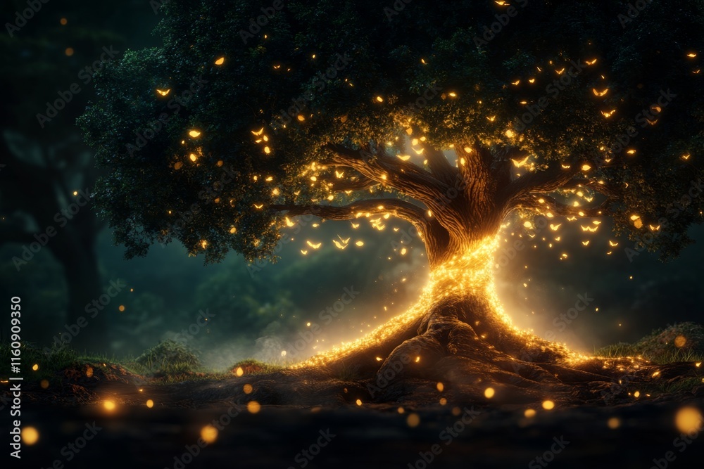 Poster a mystical tree glowing with magical energy, its roots spreading light and life to the surrounding f