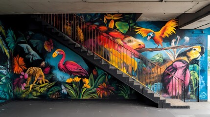 Vibrant Tropical Mural on Staircase