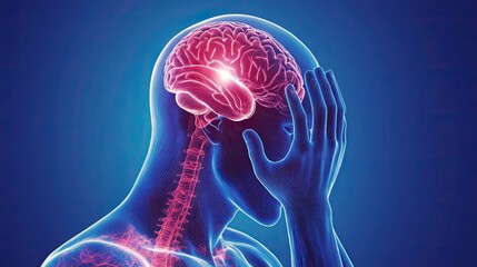 Human head with highlighted brain experiencing pain.