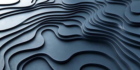 Fototapeta premium Abstract dark gray 3D topography texture with smooth wavy lines and curves.