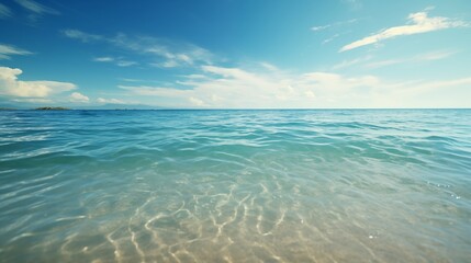 Fototapeta premium A peaceful beach with gentle waves and clear skies, ambient light, space on the right for text,generative ai illustration