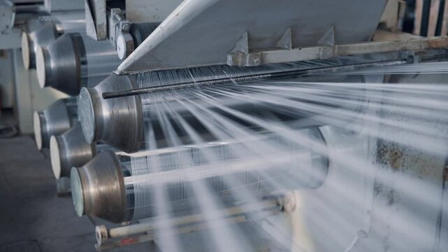 Operation of a flat-slot extruder in the production of polypropylene bags. Close-up of cut threads.