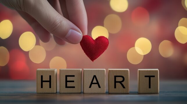 Heart on wooden block with earm light background for Valentine greeting concept.