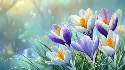 Fototapeta premium Vibrant crocus flowers bloom in a soft-focus meadow, with pastel colors creating a serene, springtime ambiance perfect for nature enthusiasts.