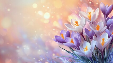 Elegant crocus blossoms in dreamy pastel tones with soft bokeh highlights, ideal for spring designs and invitations. Embrace nature&rsquo;s elegance.