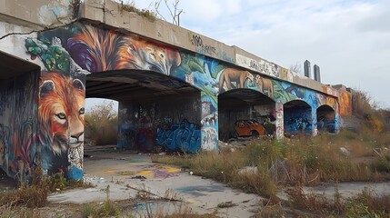 Fototapeta premium Vibrant Wildlife Mural Under a Derelict Bridge