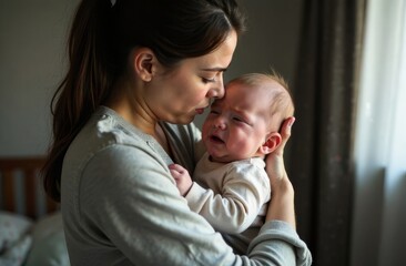 A tired mother holds a feverish, sick child in her arms, hugs him to herself, calms him down, close-up