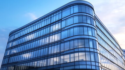 Fototapeta premium Modern Office Architecture Highlighting Curved Facade and Glass Windows