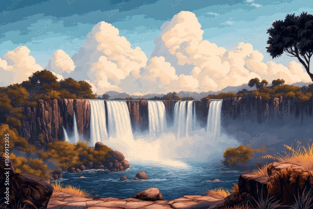 Poster a pixel art depiction of iguazãº falls, with animated cascading water and tiny pixelated rainbows su