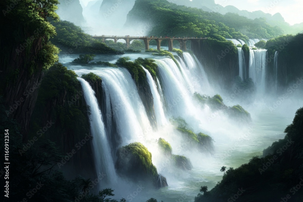 Poster a pixel art depiction of iguazãº falls, with animated cascading water and tiny pixelated rainbows su