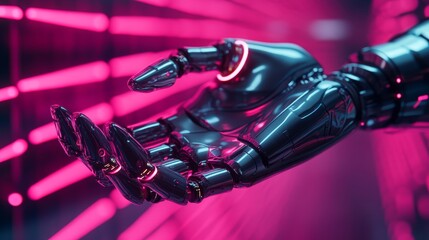 Robotic Hand with Futuristic Background and Glowing Lights
