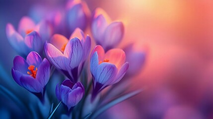 Fototapeta premium Vibrant purple crocus flowers in full bloom, showcasing delicate petals and bright stamens against a dreamy, blurred background of soft light.