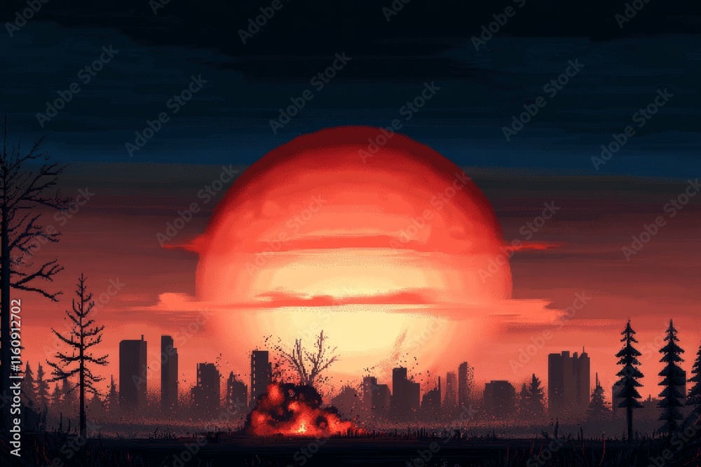 Poster a pixel art depiction of a meteor hitting a pixelated cityscape, with dramatic but simplified effect