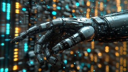 Robotic Hand with Futuristic Background and Glowing Lights