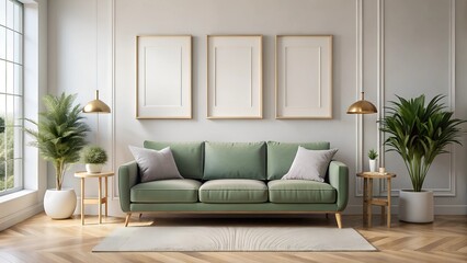 Mock-up frame in cozy light grey home interior background with green sofa and three frames.3d render