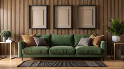 Fototapeta premium Mock-up frame in cozy light grey home interior background with green sofa and three frames.3d render