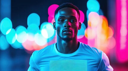 Athletic man with focused expression in vibrant neon background