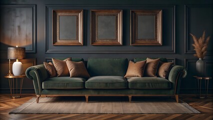 Mock-up frame in cozy light grey home interior background with green sofa and three frames.3d render