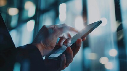 Man hands use phone; blurry city lights backdrop.